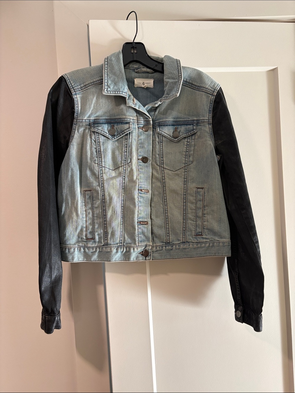 Lou & Grey Mixed-Media Denim Jacket with Black Sleeves